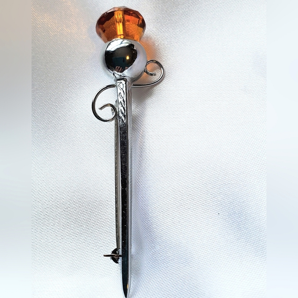 Vintage  1960s Mizpah Sword/ Dagger Pin With Amber Lucite Stone